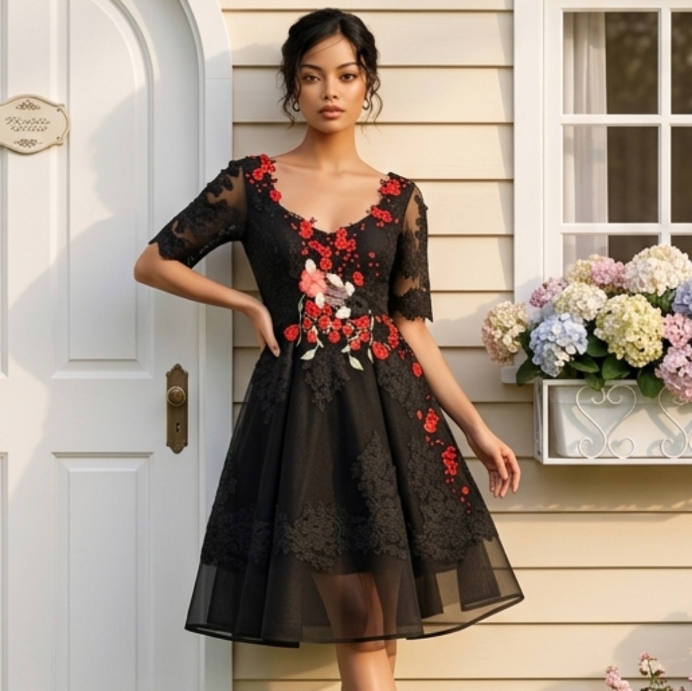 Chotronette Romainian Formal Handmade Tule Embroidered Gown: Size 2/4. See Photo